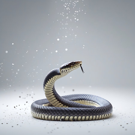 A black and yellow patterned snake is coiled in a studio setting with a light gray background. Its forked tongue is flicking out, and small dust particles and pebbles are scattered around it. The snake's scales are detailed, and its head is raised in an alert posture.の素材