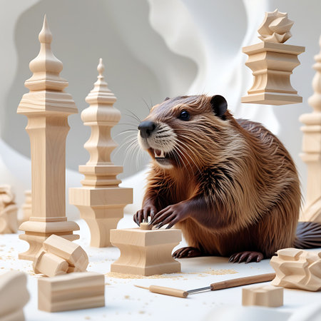 A beaver with detailed brown fur is depicted in a studio with a white background, surrounded by various wooden elements. The beaver is focused on carving a small wooden piece, possibly a chess piece, with its paws. Several intricately carved wooden sculptures, resembling architectural elements and chess pieces, are scattered around. Woodworking tools, including chisels, are visible on the surface, emphasizing the theme of craftsmanship and artistic creation.の素材