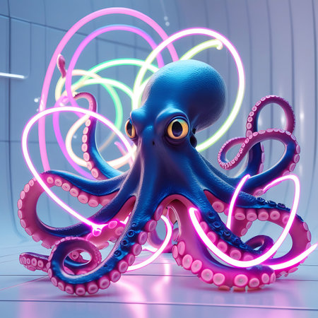 A vivid blue octopus with bright pink suckers is the focal point, encircled by a complex arrangement of multi-colored neon rings in pink, green, and yellow. The rings create a dynamic, energetic aura around the creature. The background features a subtle grid pattern and a reflective surface, enhancing the futuristic and abstract feel of the artwork.の素材