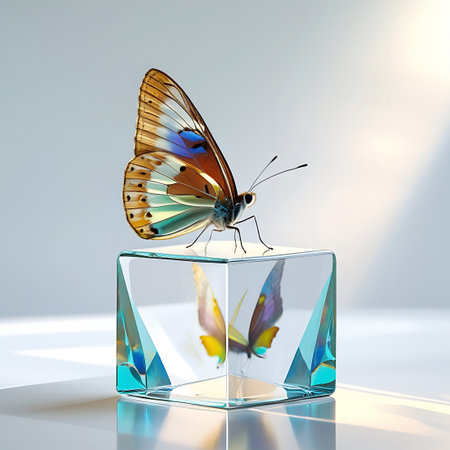 A colorful butterfly with orange, blue, and yellow wings is perched on a transparent, geometric cube. The cube refracts light, creating colorful patterns and reflecting the butterfly. The butterfly is detailed with intricate wing patterns and delicate antennae. The background is a soft, light gray with a subtle light source creating shadows and highlights.の素材