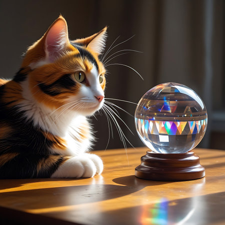 A calico cat with orange, black, and white fur sits on a wooden table, looking intently at a clear crystal ball. The crystal ball is on a dark wooden stand and refracts light, casting colorful rainbow patterns on the table surface. Sunlight streams in from the side, creating strong shadows and highlighting the cat's whiskers and fur. The background is softly blurred, suggesting an indoor setting.の素材