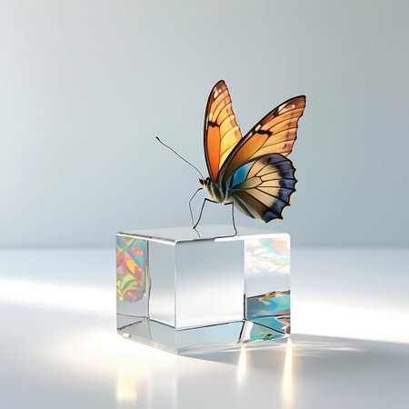 A vibrant butterfly with orange, blue, and yellow wings is perched on a clear, geometric cube. The cube is made of transparent material and shows light refraction and subtle rainbow-like colors. The butterfly's wings are spread slightly, showcasing their intricate patterns. The background is a soft, light gray with a bright light source casting a shadow and highlights.の素材