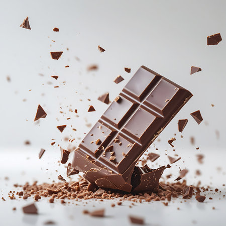 A chocolate bar is captured at an angle, in the midst of breaking apart, with many small fragments and crumbs suspended in the air around it. The rich brown chocolate is shown in a state of dynamic disintegration against a plain white background, creating an energetic and appetizing visual.の素材
