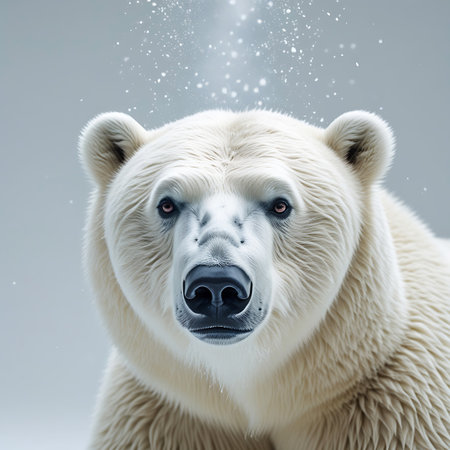 A detailed close-up portrait of a polar bear's face. The bear has white fur, dark eyes, and a black nose. Small white specks, resembling falling snow, are scattered in the air around its head. The background is a soft, light gray.の素材