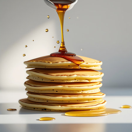 A close-up view of a stack of seven golden-brown pancakes. A stream of thick, amber syrup is being poured from a utensil, creating a glossy cascade onto the top pancake and pooling slightly. Several small airborne droplets of syrup are captured mid-air around the pouring stream. Droplets of syrup are also visible on the white surface surrounding the stack.の素材