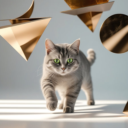 A close-up view of a gray tabby cat with piercing green eyes as it walks forward. The cat is in a minimalist studio environment with abstract, metallic gold geometric shapes suspended in the background, adding a touch of modern art. The cat's fur texture, whiskers, and alert expression are clearly visible. The lighting is soft and diffused, creating gentle shadows and highlighting the cat's features and the metallic sheen of the surrounding shapes.の素材