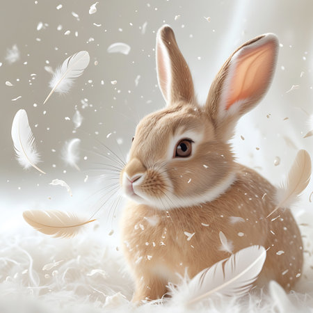 A close-up portrait of a fluffy bunny rabbit sitting in a soft, white, textured environment, possibly made of faux fur. White feathers are scattered and falling around the bunny, contributing to a delicate and ethereal atmosphere. The bunny's fur is detailed, its ears are prominent, and its eyes are soft. The lighting is gentle and bright, highlighting the creature's charm.の素材