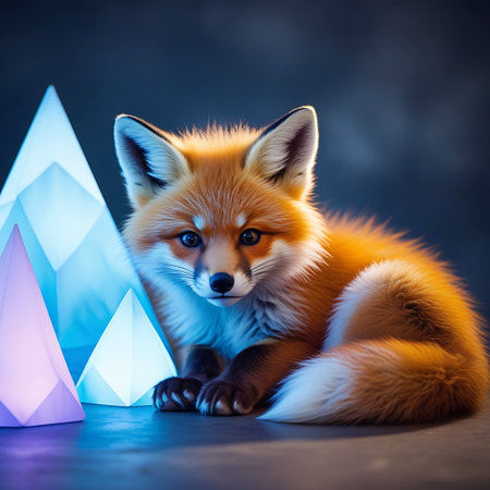 A close-up, studio shot of a fluffy baby red fox resting on a dark surface. The fox is looking directly at the camera with its large, expressive eyes. To its left are several translucent geometric crystal shapes emitting soft, glowing light in shades of blue, purple, and pink. The background is dark and out of focus, highlighting the fox and the illuminated crystals.の素材