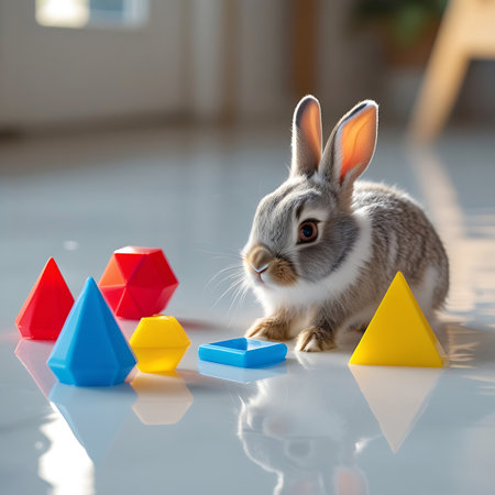 A charming baby rabbit with soft fur and alert ears is positioned on a glossy white floor. It is encircled by a collection of colorful, geometric learning toys such as red and blue pyramids, a yellow hexagon, and a blue rectangular prism. The lighting creates soft shadows and highlights, emphasizing the textures and shapes.の素材