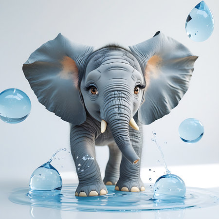 A sweet baby elephant is depicted on a light surface, with several clear, spherical water bubbles and small water splashes around it. The elephant's large ears are a prominent feature, and its trunk is extended slightly. The clear bubbles show reflections and refractions, adding a delicate and magical quality to the image. The overall mood is one of gentle curiosity and playfulness.の素材