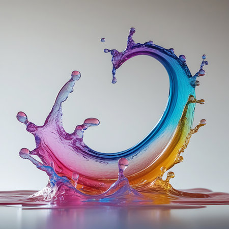 A vibrant and dynamic 3D render of a colorful water splash frozen in motion. The liquid forms a graceful, arching ring with smaller droplets suspended in the air. The colors transition through a rainbow spectrum, from pink and purple on the left to blue, cyan, yellow, and orange on the right. The base of the splash shows a pool of colored liquid, reflecting the light.の素材