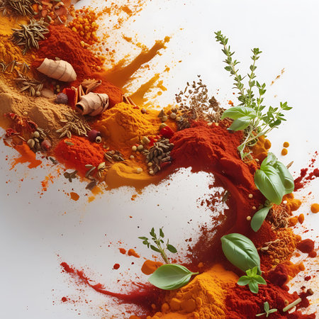 A lively and colorful composition featuring a swirl of various spice powders like turmeric, paprika, and chili, interspersed with whole spices, dried pods, and fresh green basil leaves. The spices are scattered and arranged in a dynamic, flowing pattern against a bright white background. This image highlights the rich textures and vibrant hues of culinary ingredients, evoking a sense of flavor and aroma.の素材