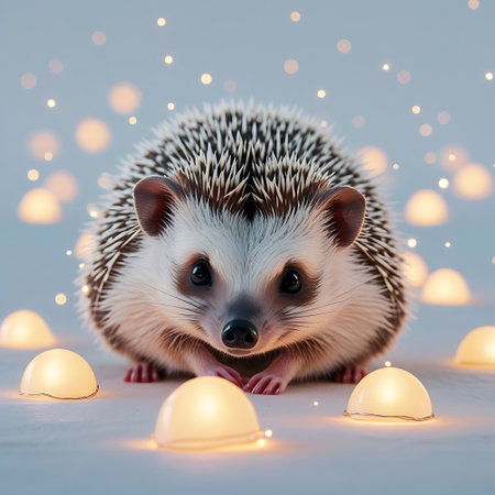 A front-facing, close-up portrait of a cute hedgehog with its quills clearly visible. The animal is centered on a soft, light blue background. Numerous round, glowing lights are scattered around the hedgehog, some appearing as soft domes in the foreground and others as bokeh circles in the background. The overall mood is gentle and whimsical, with a focus on the hedgehog's endearing features and the soft, ambient lighting.の素材