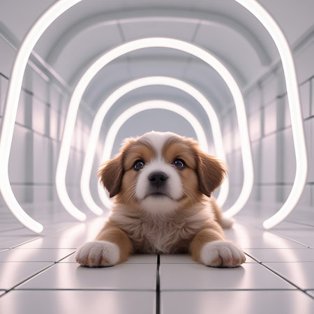 A fluffy puppy with golden and white fur is lying on a clean, tiled floor within a bright, futuristic tunnel. The tunnel is defined by a series of glowing white arches that recede into the distance, creating a strong sense of perspective. The puppy looks forward with its large, expressive eyes. The environment is minimalist and modern, with a focus on light and clean lines.の素材