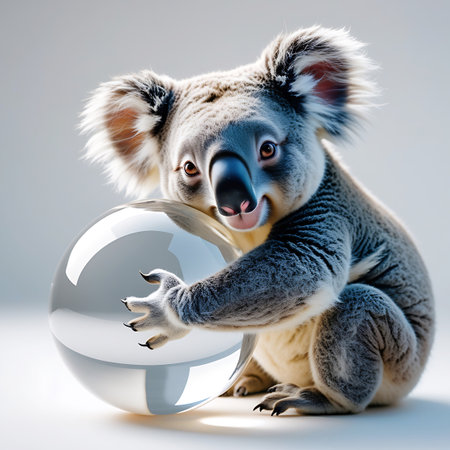 A fluffy, grey koala with large ears and dark eyes is playfully hugging a large, clear glass sphere. The koala's paws are wrapped around the smooth, reflective surface of the sphere, which shows a distorted reflection. The animal has a pink nose and a gentle expression. The image is set against a clean, bright white background, highlighting the koala and the sphere.の素材