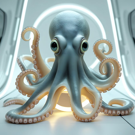 A charming, stylized cartoon octopus with large, expressive eyes sits in a bright, minimalist futuristic room. Its light blue body and pale pink tentacles are arranged in a welcoming pose. The background is clean and white with soft, curved lighting, creating a gentle and inviting atmosphere for this friendly sea creature.の素材