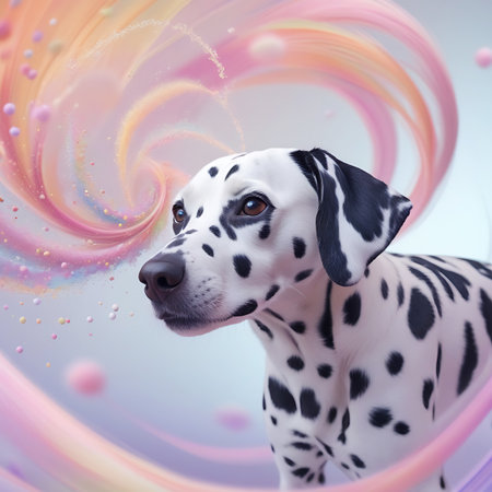 A close-up profile of a Dalmatian dog with expressive eyes, looking towards a swirling abstract composition of pastel pink and orange colors and scattered confetti. The dog's distinctive spots are clearly visible.の素材