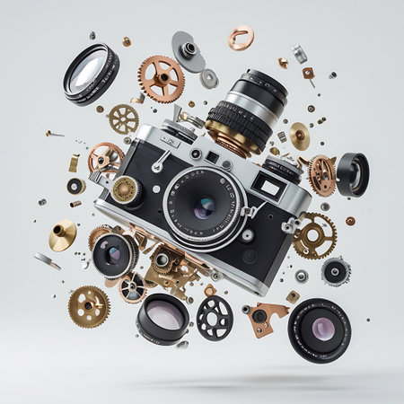 A vintage camera is depicted in an exploded view, with its components artfully arranged around the central body. A lens is attached to the top, and numerous gears, screws, and metal pieces in brass, copper, and silver are suspended in the air. The camera's silver and black body serves as the focal point. The clean, light gray background highlights the detailed and complex nature of the disassembled photographic equipment.の素材