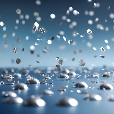 Numerous silver confetti pieces are falling and scattered across a highly reflective blue surface. The confetti is a mix of round circles and irregular shapes, some appearing shiny and metallic, others with a glittery texture. The background is a soft, out-of-focus blue with bokeh lights, creating a festive and celebratory atmosphere. The shallow depth of field draws attention to the confetti in the foreground.の素材