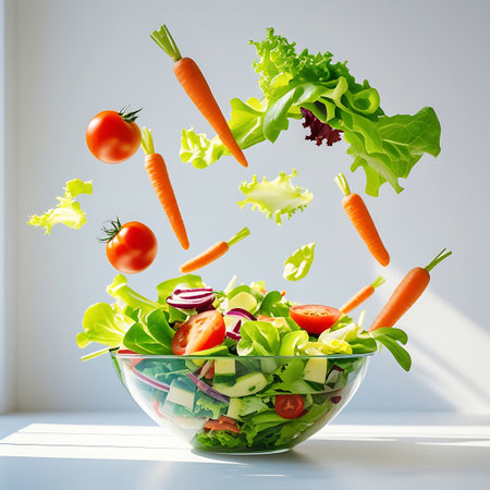 A dynamic and visually engaging presentation of salad ingredients in motion. Various fresh vegetables, including lettuce leaves, cherry tomatoes, sliced carrots, cucumber, and red onion rings, are captured mid-air, appearing to levitate above a clear glass bowl overflowing with salad. The bright lighting and clean background emphasize the freshness and health benefits of the ingredients.の素材