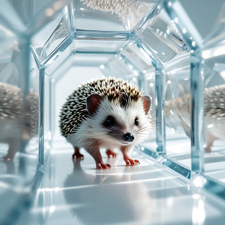 A close-up, front-facing view of a small, spiky hedgehog standing in a futuristic, transparent tunnel. The tunnel is constructed from geometric, clear acrylic or glass segments, creating a bright and clean environment. Soft, diffused lighting illuminates the scene, highlighting the hedgehog's detailed fur, whiskers, and bright eyes. Other hedgehogs are visible in the blurred background, suggesting a research or breeding facility. The perspective draws the viewer into the tunnel, emphasizing...の素材