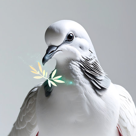 A detailed close-up portrait of a white dove's head and upper body. The bird is holding a delicate olive branch with light green leaves in its beak. Subtle glowing particles and light emanate from the branch, adding a touch of magic. The dove's eye is clear and alert, and its white feathers are intricately detailed. The background is a soft, bright, and neutral tone.の素材