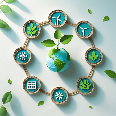 A small green seedling emerges from a textured globe of the Earth, positioned at the center of a circular arrangement. This circle is formed by a thick, natural rope and contains various icons representing sustainable energy and environmental themes, including wind turbines, leaves, a solar panel, and a flower. The icons are rendered in a clean, graphic style with blue and green elements. The composition is set against a clean white background, with scattered green leaves adding a touch of...の素材