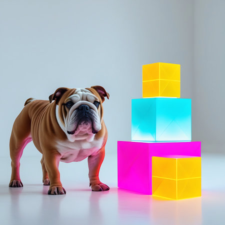 A brown and white English Bulldog stands on a white surface, looking towards the viewer. To its right, a stack of three glowing cubes is arranged. The bottom cube is bright pink, the middle cube is light blue, and the top cube is yellow. The cubes emit a soft light, illuminating the surrounding area. The background is a plain, light gray.の素材