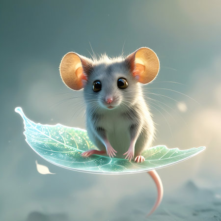 An endearing grey mouse with large, round ears and dark, curious eyes is captured in a close-up shot, sitting on a glowing, ethereal leaf. The leaf appears delicate and translucent, with a soft, luminous outline and subtle sparkles. The background is softly blurred, with gentle light filtering through, contributing to the overall dreamy and magical feel.の素材