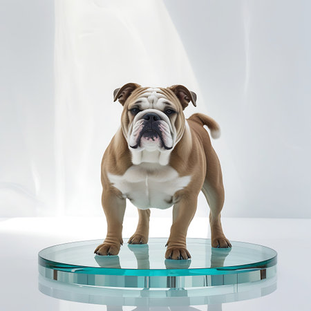 A three-quarter view of an English Bulldog standing on a clear, round glass platform in a studio. The dog is facing slightly towards the viewer, with its head turned to look at the camera. Soft studio lighting casts subtle shadows on the white background. The bulldog exhibits its typical fawn and white markings, wrinkled face, and muscular build. The transparent glass platform has a slight greenish hue.の素材