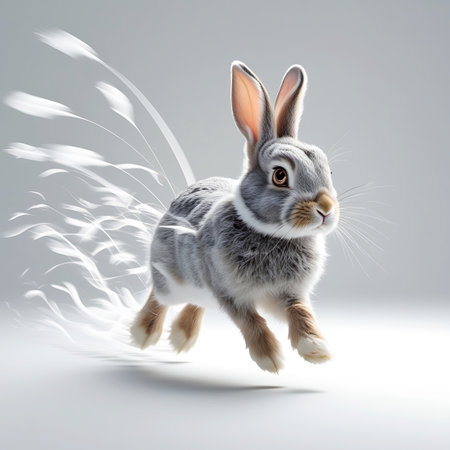A dynamic, artistic image of a grey and white rabbit in mid-leap. The rabbit has long ears and is captured with its legs extended, conveying a sense of speed and energy. Behind the rabbit, abstract white streaks resembling feathers or light trails emanate from its body, emphasizing its rapid movement. The background is a clean, bright white, isolating the subject.の素材
