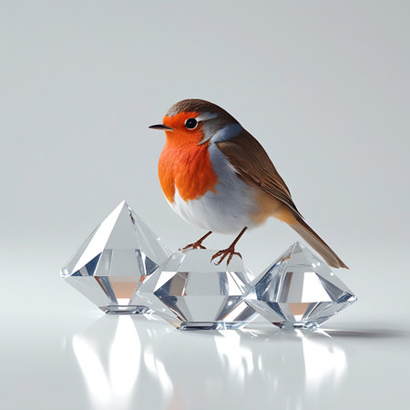 A detailed studio shot features a European robin with its vibrant orange breast and brown and grey feathers, perched on three clear, faceted crystal gemstones. The bird is positioned centrally, with its feet gripping the middle crystal. The crystals are sharp and angular, catching and refracting light, creating a sense of brilliance. The image is set against a plain, light grey background with a highly reflective white surface, highlighting the subject and its surroundings with a clean,...の素材