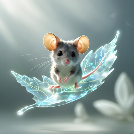 A close-up view of an adorable grey mouse with prominent ears and curious eyes, seated on a translucent, glowing leaf. The leaf is intricately detailed with glowing veins and scattered sparkles, emitting a soft, magical light. The background is a gentle blur of light and soft shapes, enhancing the ethereal and enchanting mood of the image.の素材