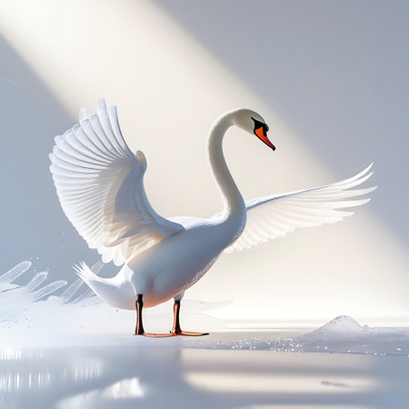 A majestic white swan stands with its wings fully spread, showcasing the intricate details of its feathers. Water droplets and splashes surround its feet, suggesting movement and dynamism. The lighting creates a soft, ethereal glow, highlighting the swan's elegant form against a bright, clean background.の素材