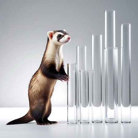 A ferret stands on its hind legs, looking upwards and to its right. It is positioned on a clean, light-colored surface. To the ferret's right, a row of clear glass test tubes of varying heights are arranged. The test tubes are cylindrical and transparent, reflecting light. The ferret has its characteristic brown and cream fur, dark eye markings, and a pink nose. The background is a plain, light gray gradient.の素材