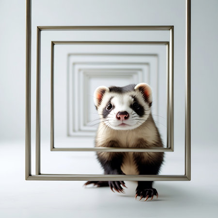 A curious ferret is positioned in the foreground, peeking through a series of nested square frames. The frames create a sense of depth and perspective, leading the eye towards the animal. The ferret has dark fur with lighter markings on its face and body, a pink nose, and prominent whiskers. It is looking directly at the viewer with an inquisitive expression. The image is set against a clean, white background, with the ferret's paws and claws visible.の素材