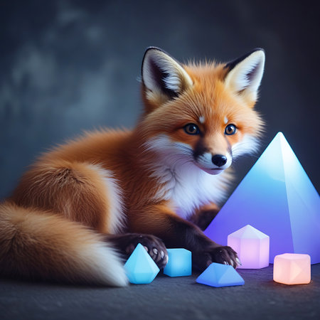A red fox with detailed fur sits in a dark, atmospheric setting, surrounded by several glowing geometric shapes. The shapes include pyramids and cubes in shades of blue, purple, and pink, emitting a soft, ethereal light. The fox appears curious and alert, its eyes reflecting the ambient glow. The contrast between the natural animal and the abstract, luminous objects creates a surreal and enchanting scene.の素材
