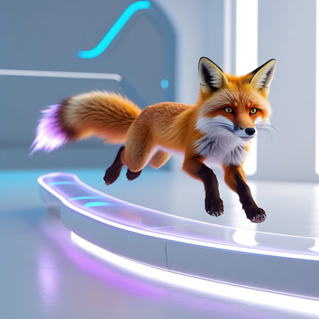 A dynamic action shot of a red fox in mid-leap across a futuristic, curved pathway. The pathway is illuminated with bright neon lights in shades of blue and purple. The fox's fur is a vibrant orange, and its tail has a distinct purple glow at the tip, suggesting movement and energy. The background is a bright, minimalist, futuristic interior with white walls and subtle blue light accents.の素材