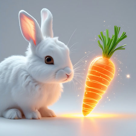 A fluffy white rabbit with bright pink-tinged ears and large brown eyes sits on a white surface, looking intently at a glowing orange carrot. The carrot emits a warm, luminous light and has vibrant green leaves. Small light particles sparkle around the carrot, creating a magical and whimsical scene.の素材