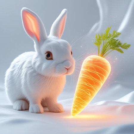 A fluffy white rabbit sits on a soft, white surface, looking curiously at a glowing orange carrot with green leaves. The carrot emits a warm light, creating a magical and dreamlike atmosphere. The rabbit's fur is detailed and soft, and its ears are perked up. The background is a soft, diffused white, emphasizing the subjects.の素材