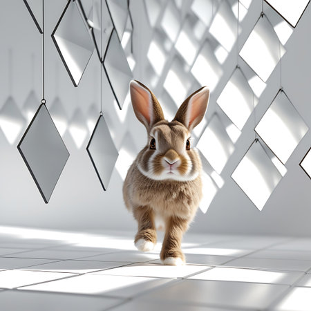 A small, fluffy brown and white bunny rabbit walks directly towards the camera in a bright, minimalist studio. The floor is tiled with white squares, and the background features numerous diamond-shaped objects suspended from above, casting soft shadows. The bunny has large ears, a pink nose, and alert eyes, conveying a sense of curiosity and innocence.の素材