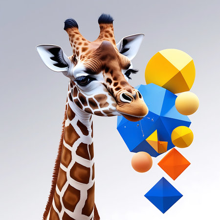 A close-up portrait of a giraffe's head and upper neck against a light, neutral background. The giraffe has detailed brown and white spots, prominent ears, and short horns. Floating around its mouth are various colorful geometric shapes including blue pyramids, orange cubes, and yellow spheres. Small droplets of water are depicted splashing near the giraffe's mouth, suggesting interaction with the shapes.の素材