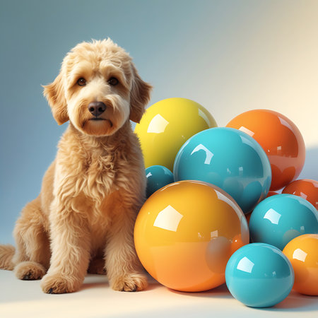 A fluffy golden retriever dog is seated on a white surface, looking towards the viewer. A collection of large, glossy spheres in bright orange, yellow, and blue are arranged behind and to the right of the dog. The background is a smooth gradient from light blue to white, creating a bright and clean studio atmosphere.の素材