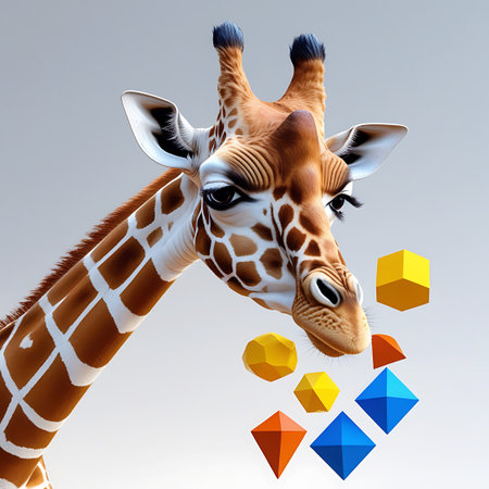 A close-up portrait of a giraffe's head and upper neck against a plain, light gray background. From the giraffe's mouth, several colorful geometric shapes are falling or floating. These shapes include cubes, pyramids, and diamond-like forms in shades of orange, yellow, and blue. The giraffe's distinctive brown and white spotted pattern is prominent.の素材