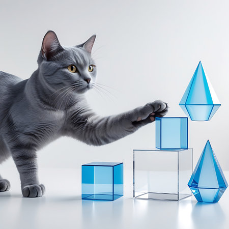 A sleek grey cat, possibly a Russian Blue, is captured in a playful pose on a clean white background. The cat is reaching out with its paw towards a collection of translucent blue geometric shapes, including cubes and pyramids. The shapes appear to be made of acrylic or crystal, reflecting light and adding a modern, abstract element to the scene. The cat's expression is one of curiosity and engagement as it interacts with the objects. The lighting is bright and even, highlighting the...の素材