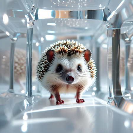 A small hedgehog with prominent quills stands in the center of a futuristic, transparent glass tunnel. The structure is made of geometric glass panels, creating a bright and reflective environment. Light streams in, casting sharp reflections on the floor and walls. The hedgehog is facing forward, looking directly at the viewer with an alert expression.の素材