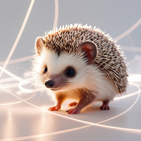 A charming hedgehog is presented in a studio setting against a white background, with dynamic, glowing light streaks curving around it. The animal's textured quills and sensitive features, including its dark eyes and whiskers, are clearly rendered. The abstract light elements add a modern and technological flair to the image, highlighting the hedgehog's gentle presence.の素材