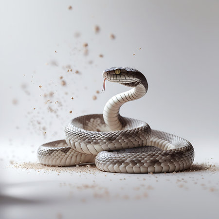 A grey snake is coiled on a sandy surface, its head raised and its forked tongue flicking out. Small dust particles are scattered in the air around it. The snake's body displays a detailed scale pattern, and its eyes are sharp and alert. The clean, light background emphasizes the snake's form and the subtle movement.の素材