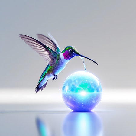 A detailed hummingbird with shimmering green, purple, and blue plumage is captured in flight. Its wings are outstretched, and its long beak is in the process of sipping a droplet of liquid from a luminous, cosmic-themed orb. The orb displays swirling colors reminiscent of a nebula, with bright points of light. Delicate tendrils of mist emanate from the orb, enhancing the magical and surreal quality. The background is a soft, diffused light.の素材