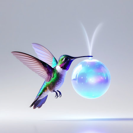 A vibrant hummingbird with iridescent green, purple, and blue feathers hovers in mid-air. Its wings are spread wide, capturing a sense of motion. The bird's long beak is extended towards a glowing, translucent orb that emits soft blue and purple light. Wisps of vapor rise from the orb, adding to the ethereal and magical atmosphere of the image. The background is a soft, neutral gradient.の素材